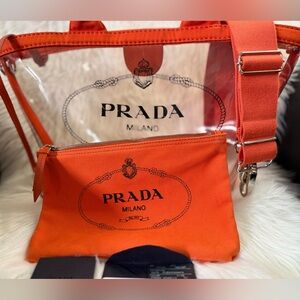 Authentic Preloved PRADA Logo Plexi Clear Crossbody Canapa Tote-Orange Canvas